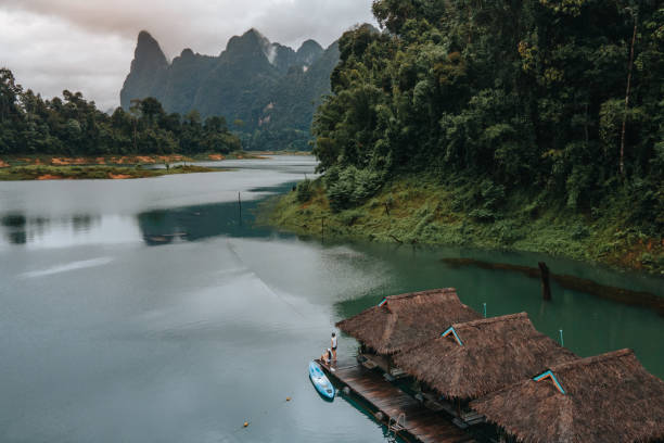 Floating rafts for recreation and relaxation while holidays or vacation in Thailand, Khao Sok, Cheow Lan Lake, Ratchaprapa Dam