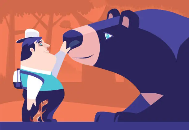 Vector illustration of man touching bear nose