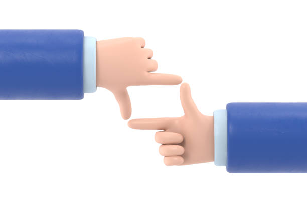 istock Cartoon Gesture Icon Mockup.Hand frame.Two hands making gesture border frame. Space for the image, object, text. Showing photo.3D rendering on white background. 1483196320