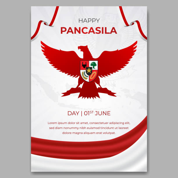 Happy Indonesian Pancasila day June 01st poster design with flag and eagle silhouette illustration Happy Indonesian Pancasila day June 01st poster design with flag and eagle silhouette illustration garuda pancasila stock illustrations