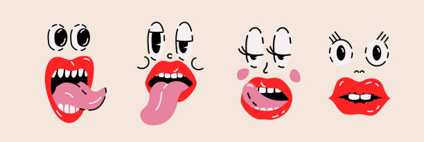 istock Vector illustrations Set with different female lips and eyes, emoji in a cartoon style, editable strokes 1483198102