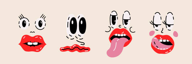 istock Vector illustrations Set with different female lips and eyes, emoji in a cartoon style, editable strokes 1483198112