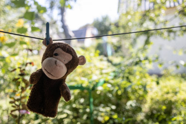 an old toy monkey hanging on a drying line.