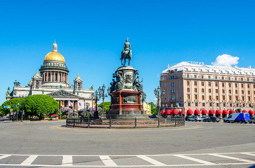 St. Petersburg, Russia - june 2022: Saint Isaac Cathedral and the Monument to Emperor Nicholas I, St. Petersburg, Russia