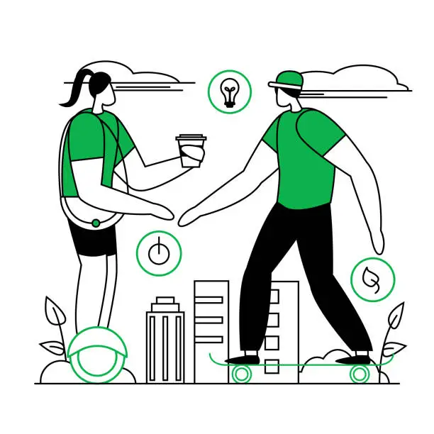 Vector illustration of Illustration of faceless couple riding skateboard and gyroscope
