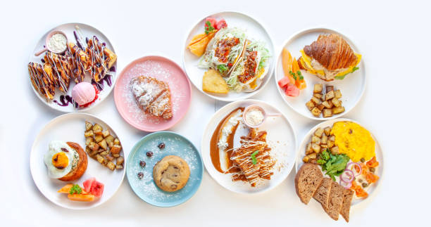 Fancy Breakfast table top angle with variety of dishes.