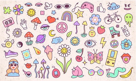 Funny retro psychedelic stickers. Hippie style 60s 70s. Hallucinogenic mushrooms, flowers, emoji, stamps. Grunge texture. Hippie girl with glasses, peace sign. Bundle trend style. Big collection of cartoon vector.