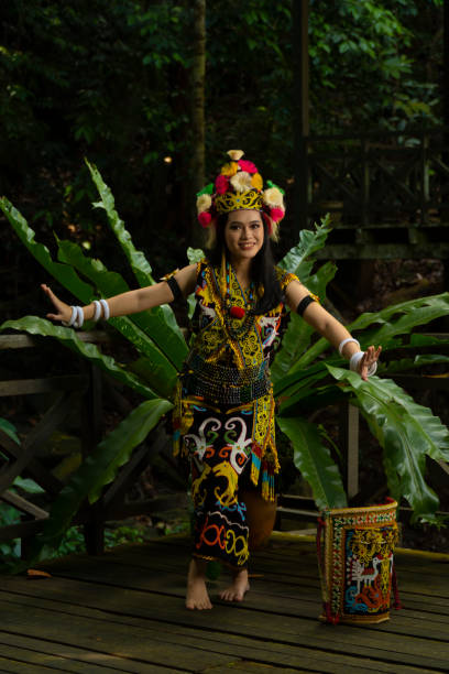 uma senhora de bornéu mostrando a beleza de sua cultura através de suas deslumbrantes roupas tradicionais - iban tribe - fotografias e filmes do acervo