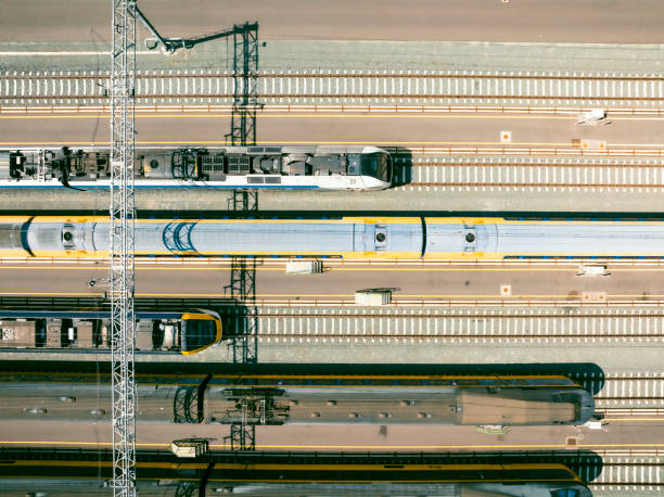 Railroad yard in Zwolle at the Engelse Werk park seen from above stock photo