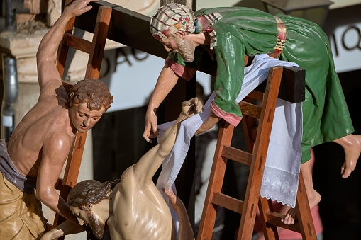 A sculpture of the holy week of Astorga in Spain during a procession in the city's streets.