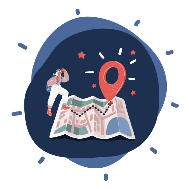 istock Cartoon vector illustration of woman walk on big map. Location mark 1483205983