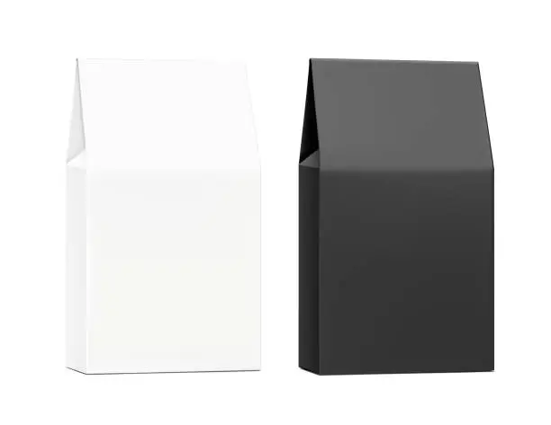 Vector illustration of Realistic white and black cardboard box mockup with a triangle top. Half side view.