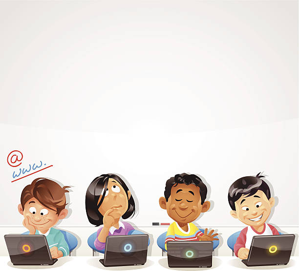 Computer Training for Kids Four children using a laptop in front of a big whiteboard. EPS 10, fully editable and labeled in layers. learning cartoon stock illustrations