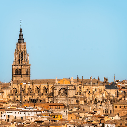 Telephoto lens view of the Cathedral of Toledo. The Primatial Cathedral of Saint Mary of Toledo is a Roman Catholic church in Toledo, Spain. It is the seat of the Metropolitan Archdiocese of Toledo