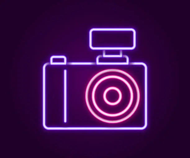 Vector illustration of Glowing neon line Photo camera icon isolated on black background. Foto camera. Digital photography. Colorful outline concept. Vector