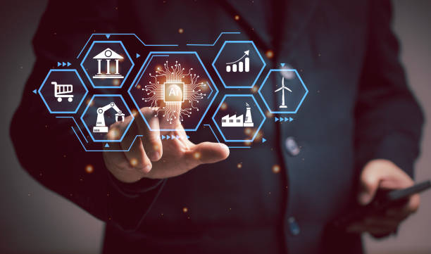 istock Concept of Artificial Intelligence. Man use AI technology to interact and assist with various processing needs of users, industry, finance, banking, education, agriculture, music. 1483207955