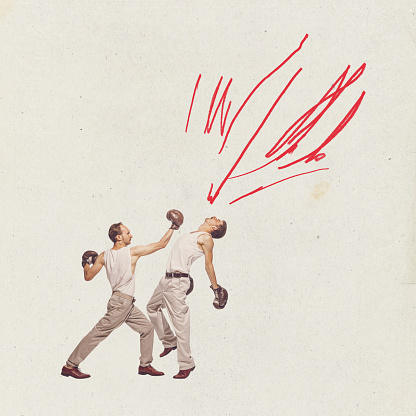 Contemporary art collage. Two young men in retro clothes fighting, boxing over grey background with abstract elements. Concept of imagination, retro style, creativity, fun. Copy space for ad, poster