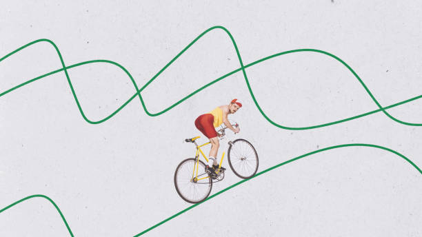 istock Contemporary art collage. Creative design. Young man, cyclist in uniform riding on abstract lines over grey background 1483209082