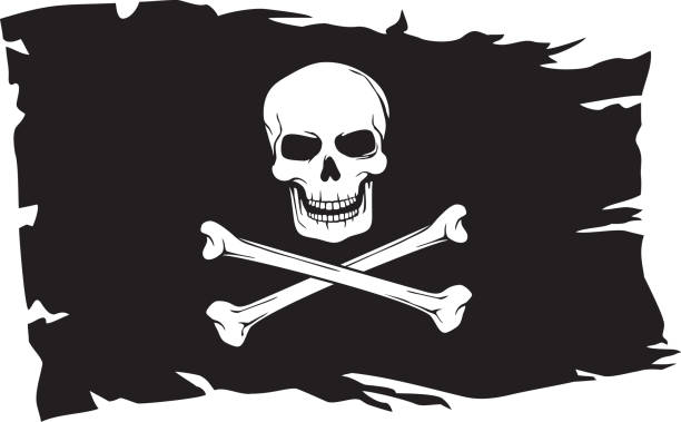 ilustraciones, imágenes clip art, dibujos animados e iconos de stock de bandera pirata con calavera y huesos cruzados (jolly roger) - pirate flag