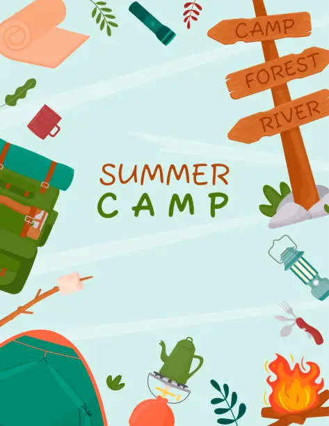 Vector illustration of Vector illustration in flat style for poster, leaflet, cover, special offer, advertising summer camping, travel, trip, hiking, camper, nature, travel, picnic. Space for text.