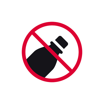 No plastic bottle prohibited sign, forbidden modern round sticker, vector illustration.