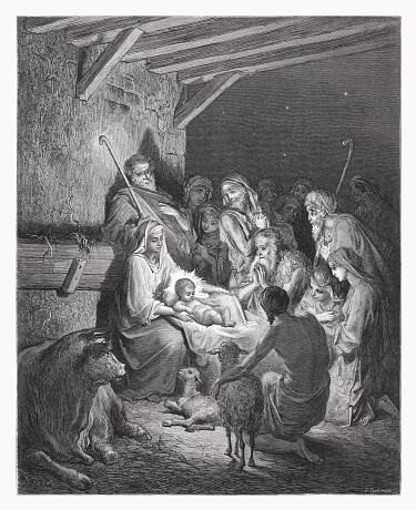 The Birth of Jesus Christ (Luke 2, 10 - 12). Wood engraving by Gustave Doré (French painter and engraver, 1832 - 1883), published in 1888.