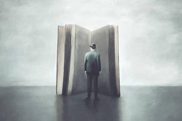 istock Illustration of man reading a big book, surreal abstract learning concept 1483214579