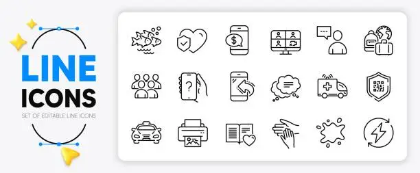 Vector illustration of Renewable power, Life insurance and Dirty spot line icons. For web app. Vector