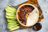 Peking Duck in bamboo steamer served with cucumber, green onion, and wheaten chinese pancakes and sauce Hoysin. Gray background. Top view