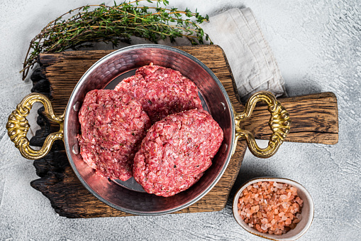 Raw Hamburger patty, groud beef Meat, uncooked meat cutlets. White background. Top view.