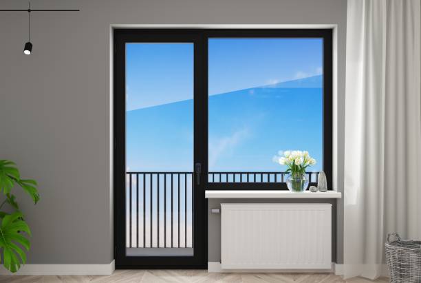 istock Black plastic balcony door with a window 1483216506