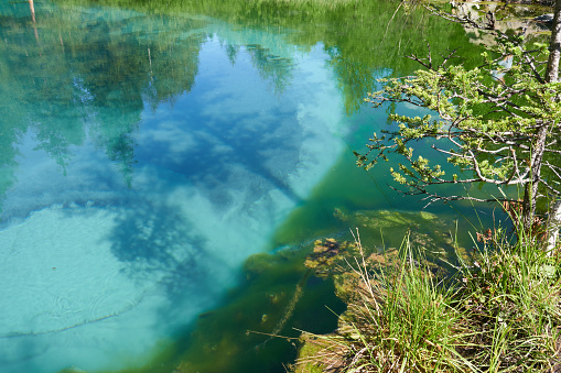 Part of the  with turquoise water, view from above. Geyser lake, Altai mountains. Beautiful photo wallpaper.