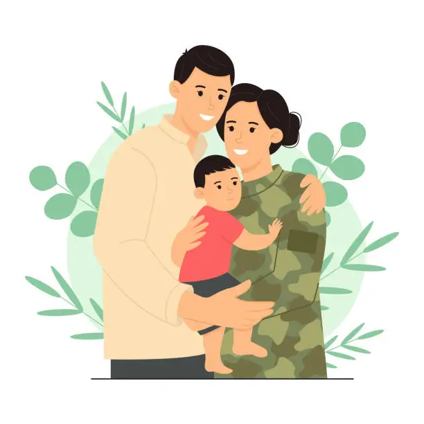 Vector illustration of Happy family. Man and a woman hold their child in their arms. Woman in a military uniform. Family of a military serviceman. Vector illustration