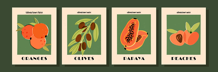 Retro-style exotic fruit art print, vegan, vegetarian food, 1920s kitchen poster set. Papaya, peaches or apricots, olives, oranges interior decoration. Illustrated vector banners.