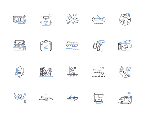 Travel line icons collection. Trip, Tour, Journey, Voyage, Explore, Vacation, Fly vector and linear illustration. Adventure, Sightsee, Road Trip outline signs set