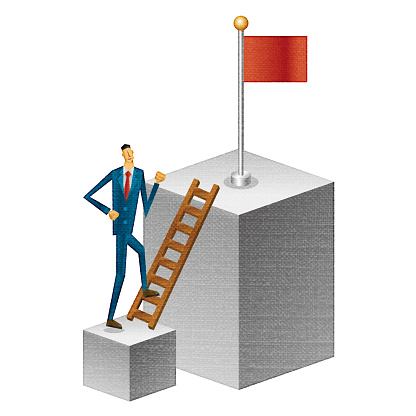 Concept illustration.Businessman overcoming ladders and obstacles to reach a goal .