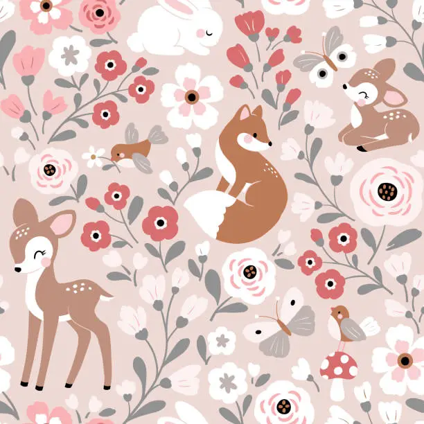 Vector illustration of Seamless vector pattern with cute woodland animals and flowers. Cute fox, deer, rabbit, fawn, birds and butterfly on pink background. Perfect for textile, wallpaper or print design.