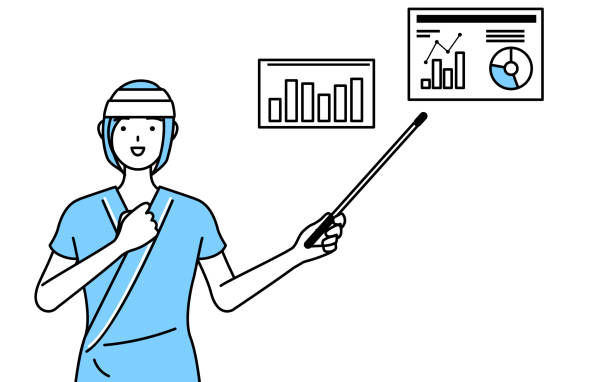 illustrations, cliparts, dessins animés et icônes de hospitalière portant une blouse d’hôpital et un bandage sur la tête analysant un graphique de performance. - recovery finance business line graph