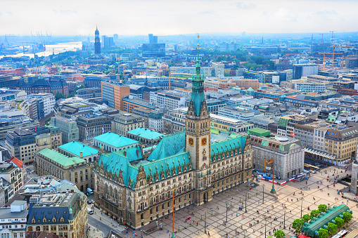 Aerial view of the Hamburg City Hall from St. Petri church tower, Germany
