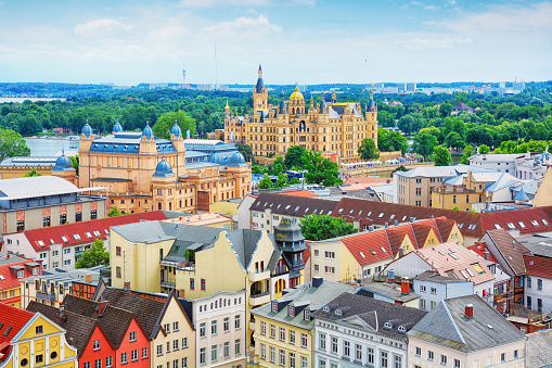 Aerial view of Schwerin old town at sunny day, Germany