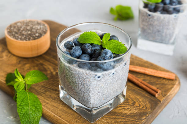 istock Healthy breakfast or morning with chia seeds vanilla pudding and blueberry berries on table background, vegetarian food, diet and health concept. Chia pudding with coconut milk and blueberry 1483220980
