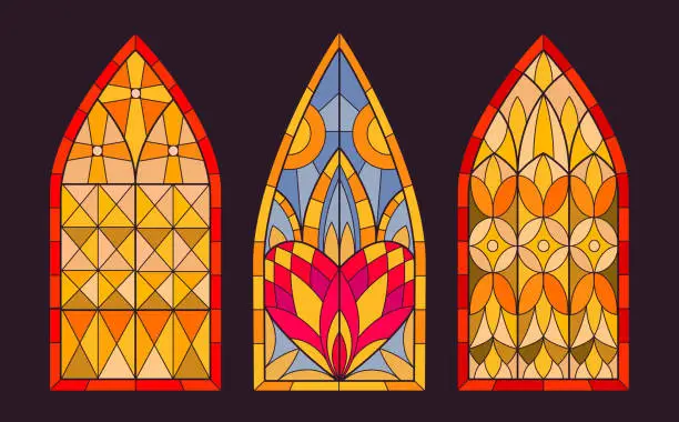 Vector illustration of Mosaic stained glass. Decorative church windows, cathedral stained glasses. Geometry and floral design windows flat vector illustration collection