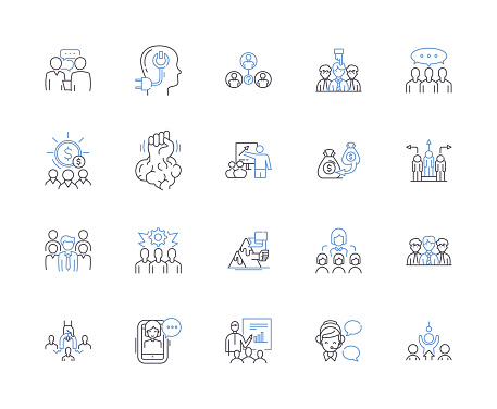 Team collaboration line icons collection. Cooperation, Collaboration, Networking, Unify, Co-Ordinate, Syndication, Interact vector and linear illustration. Unionize, Aggregate, Cooperative outline signs set