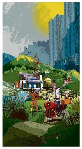 Vector illustration of sustainable ecological life and the city