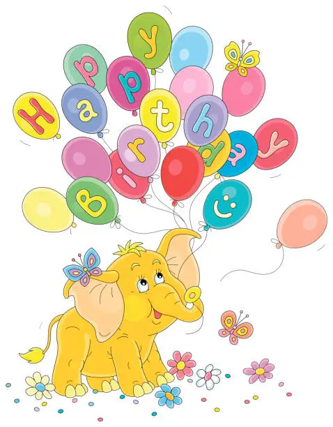 Vector illustration of Birthday card with a baby elephant and colorful balloons