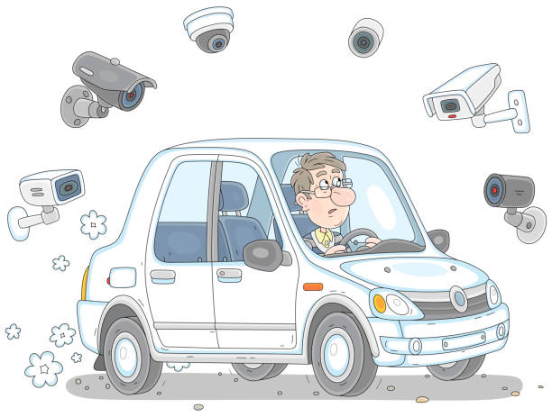 Frightened man driving his car under videcams Driver in an automobile surrounded by many surveillance cameras on a street of his town, vector cartoon illustration isolated on a white background clip art of a teen webcam stock illustrations