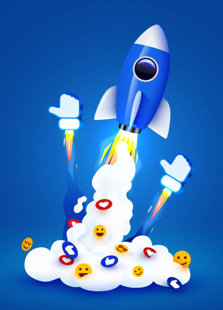 istock Rocket launching with smoke, likes and social media icons. Marketing boost concept. 1483227005