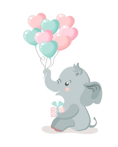 ハート型の風船を持つかわいい象の赤ちゃんキャラクター。お誕生日おめでとうカード - birthday card baby shower elephant cute点のイラスト素材／クリップアート素材／マンガ素材／アイコン素材