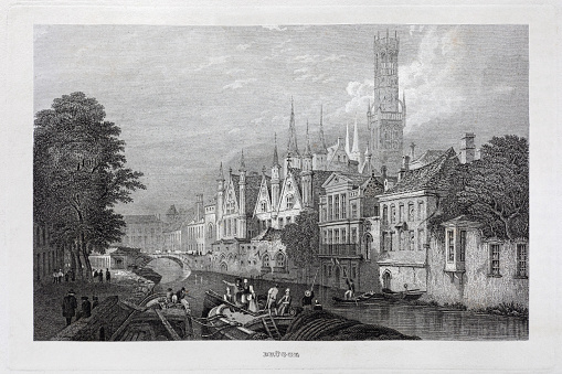 Steenhouwers canal with Liberty of Bruges gables, Town hall spires and medieval Belfry tower. 19th century steel engraving of Bruges, Belgium, originally published in 1835 in Meyer's Universum, volume 2 from my own library.