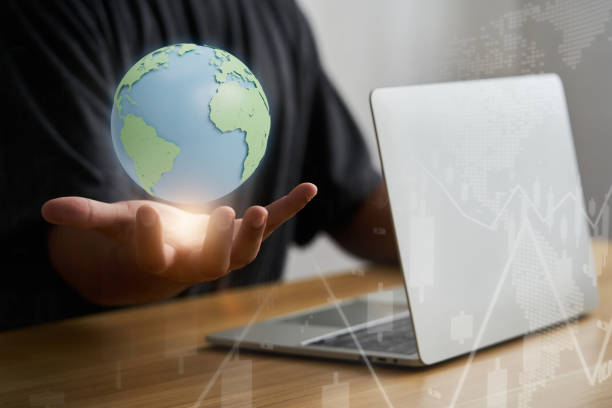 istock Man Hand holding virtual Global Background. Business global internet connection application technology and digital marketing, Financial and banking, Digital link tech 1483231324